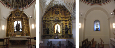 (Fig. 120). Retablo de la Virgen del Carmen, siglo XVIII, estilo rococó y cuyo transparente es obra del padre Pontones, localización en la capilla del mismo nombre; cfr. Fig. 119, nº 2. (Fig. 121). Retablo del Sagrado Corazón de María, siglo XVIII, barroco tardío, decorado con estípites y columnas salomónicas; localización en la nave del evangelio; cfr. Fig. 119, nº 3. (Fig. 122). Hornacina del retablo del Sagrado Corazón de María, vista desde la capilla del Carmen; cfr. Fig. 119, nº 4. Obsérvese, asimismo, la pureza de líneas en la estructura arquitectónica creada por el padre Pontones.