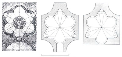 (Figs. 82-84). BORROMINI. Planta de la iglesia de Sant´Ivo alla Sapienza, Roma (1642-1660). PONTONES. Planta del camarín de la V. de la Vega, Alcazarén (hacia 1762). PONTONES. Estado actual del camarín (desde 1940 aprox.).